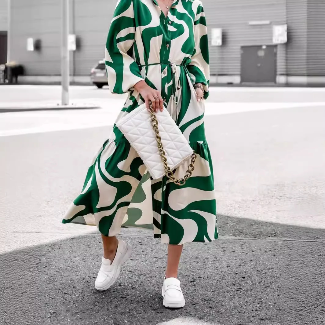 Damen Langarm Hemdblusenkleid mit modischem Muster und Taillengürtel R&B - Image 4