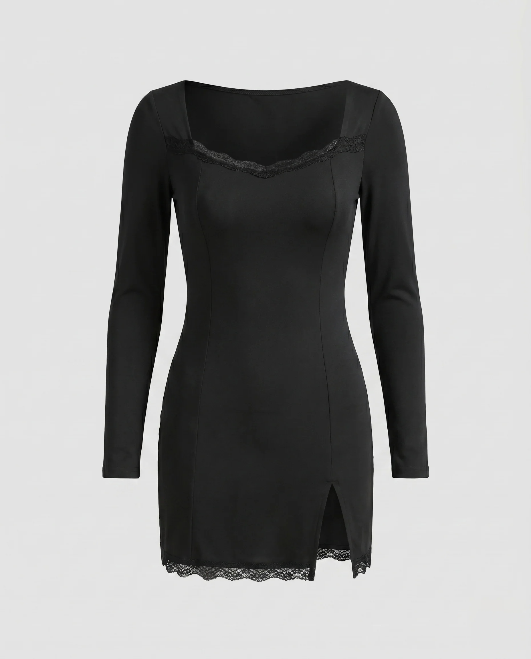 Damen Langarmkleid mit Spitzenborte und sexy Schlitz - Image 6