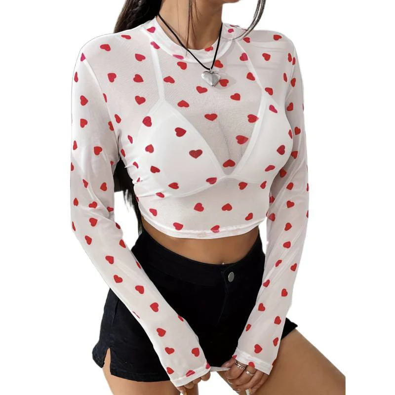 Damen Langärmliges Crop-Top mit Herzmuster und transparenter Anmutung R&B - Image 5