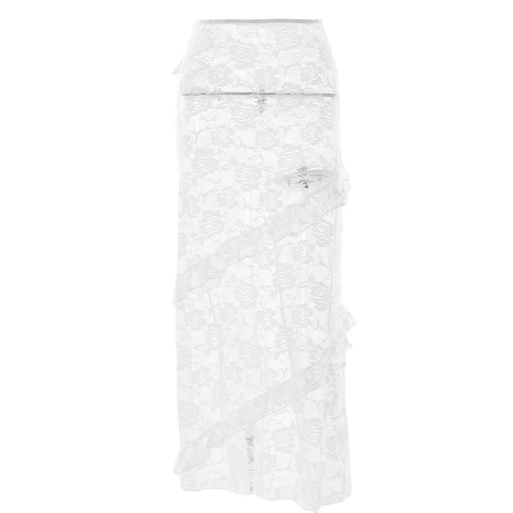 Damen Lange Spitzenrock mit asymmetrischem Rüschenverlauf und eleganter Blumenspitze R&B - Image 6