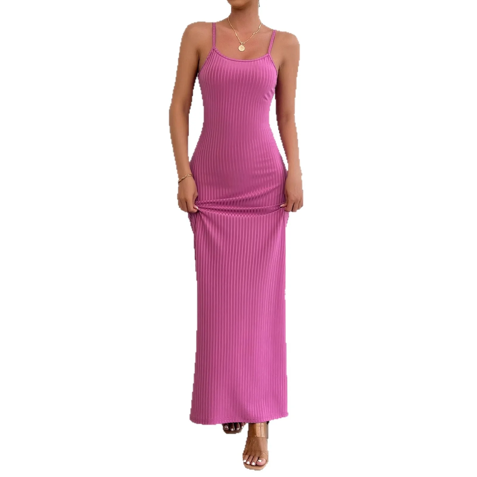 Damen Langes, figurbetontes Kleid mit feinen Rippen und Spaghettiträgern R&B - Image 5