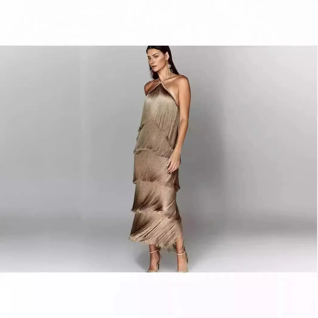 Damen Langes Fransen-Maxikleid mit verstellbaren Trägern und elegantem Drapierungsdesign R&B - Image 3
