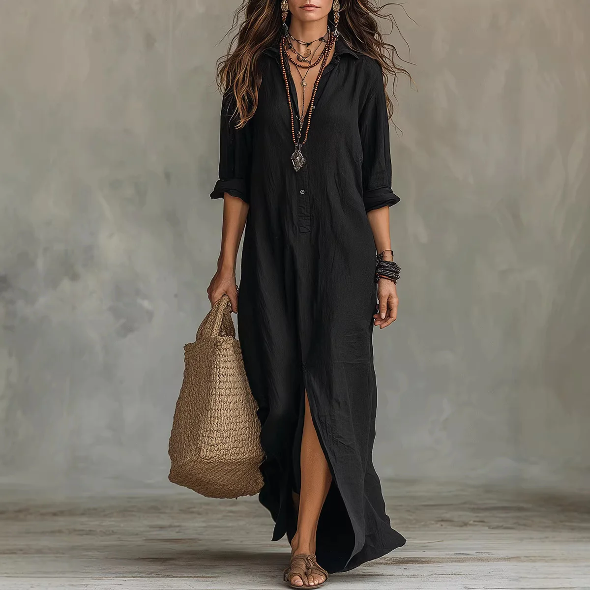 Damen Langes Hemdkleid mit Knopfverschluss und seitlichem Schlitz R&B