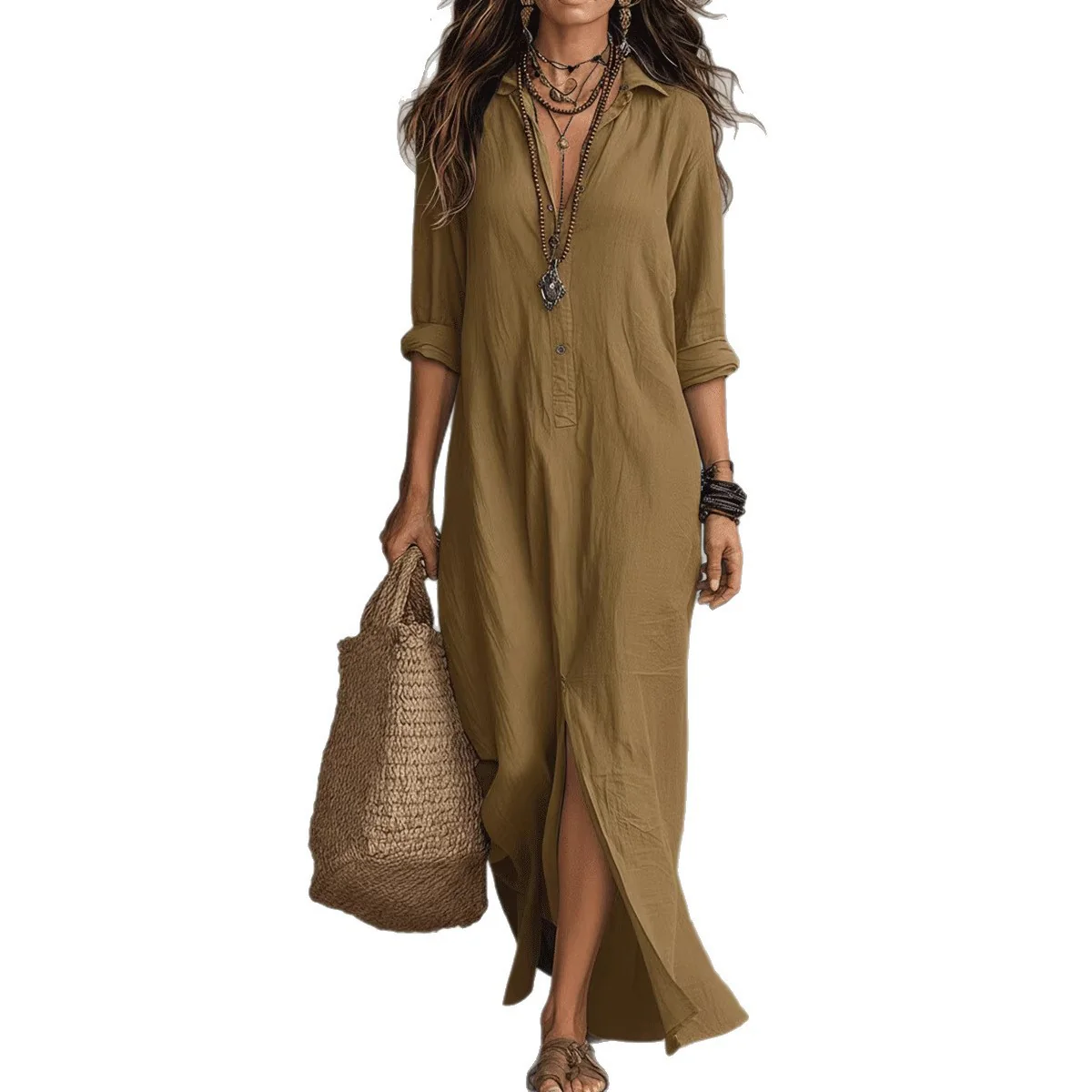 Damen Langes Hemdkleid mit Knopfverschluss und seitlichem Schlitz R&B - Image 5