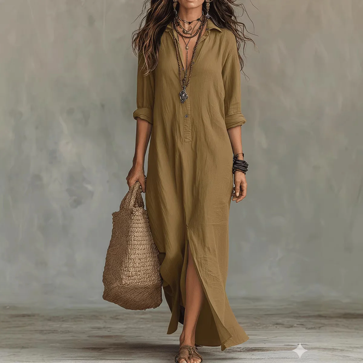 Damen Langes Hemdkleid mit Knopfverschluss und seitlichem Schlitz R&B - Image 7