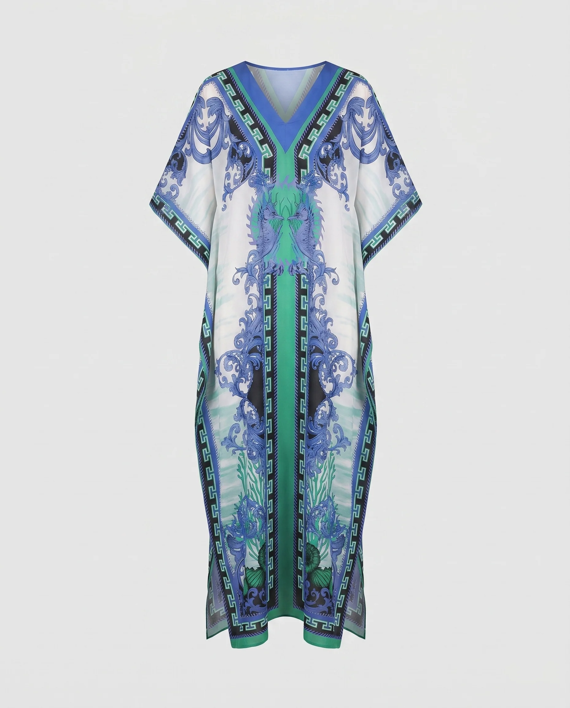 Damen langes Kaftan Kleid mit elegantem V-Ausschnitt und buntem Druck Heidi Mode - Image 5