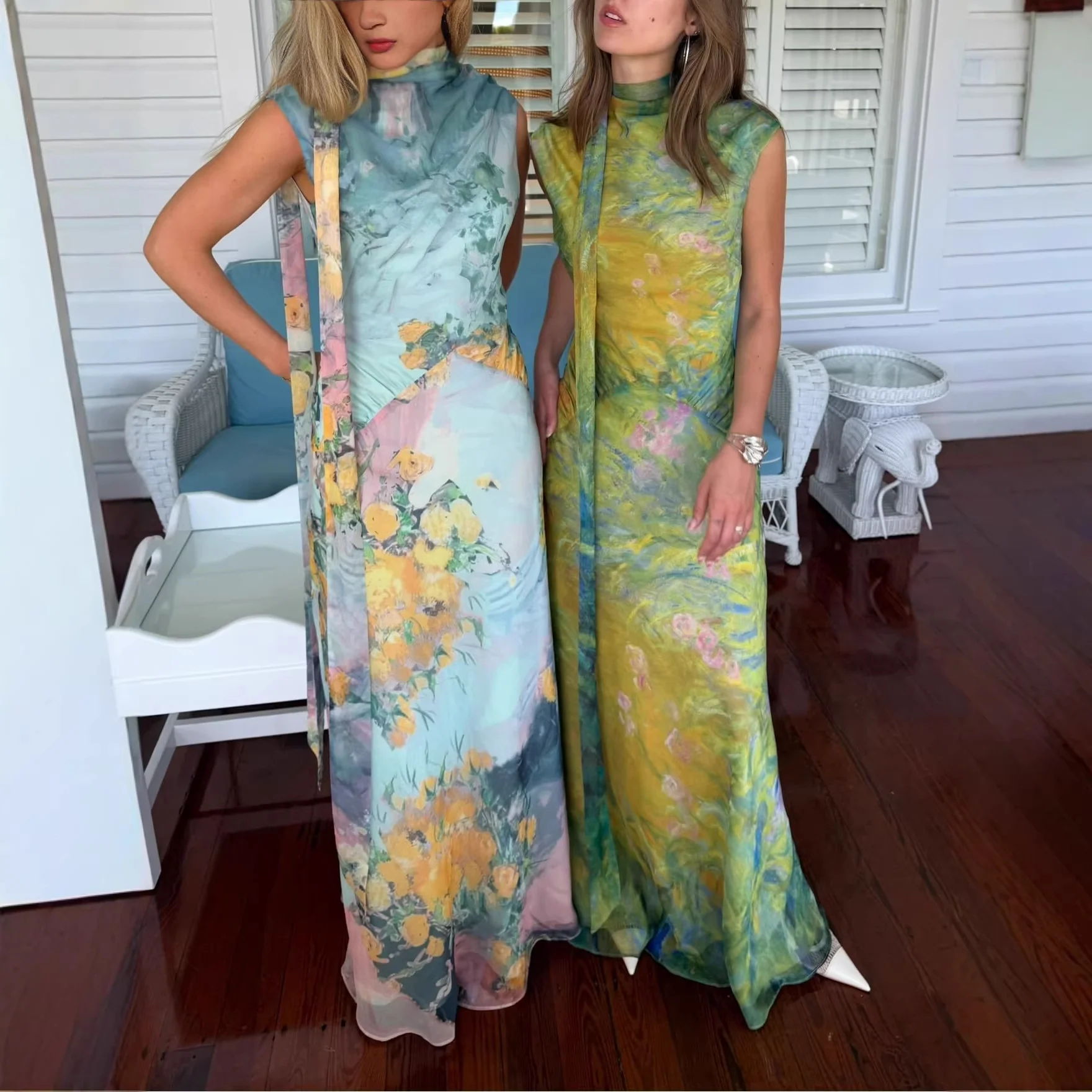 Damen Langes Kleid mit floralem Design und hochgeschlossenem Kragen R&B - Image 3