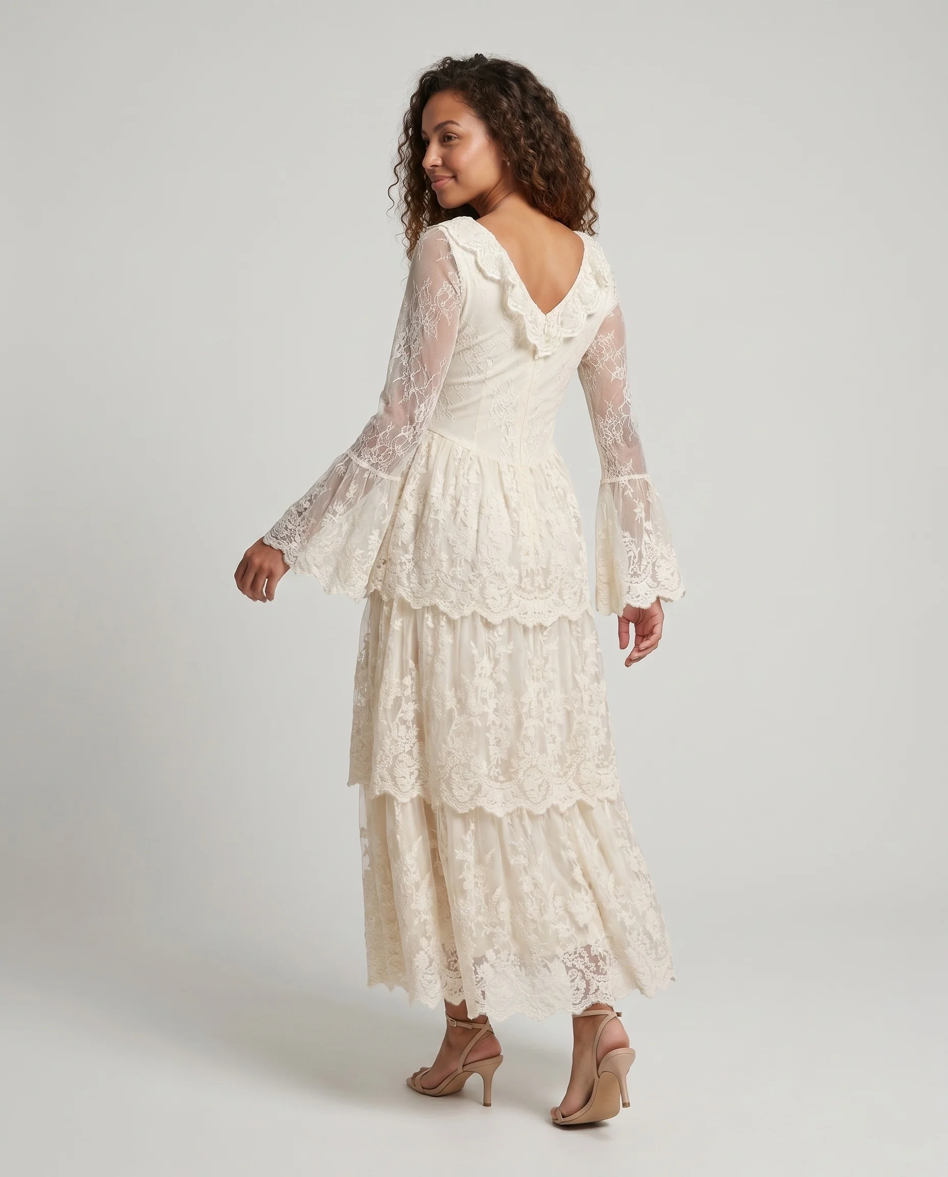 Damen langes Spitzenkleid mit fließendem Rock und V-Ausschnitt R&B - Image 4