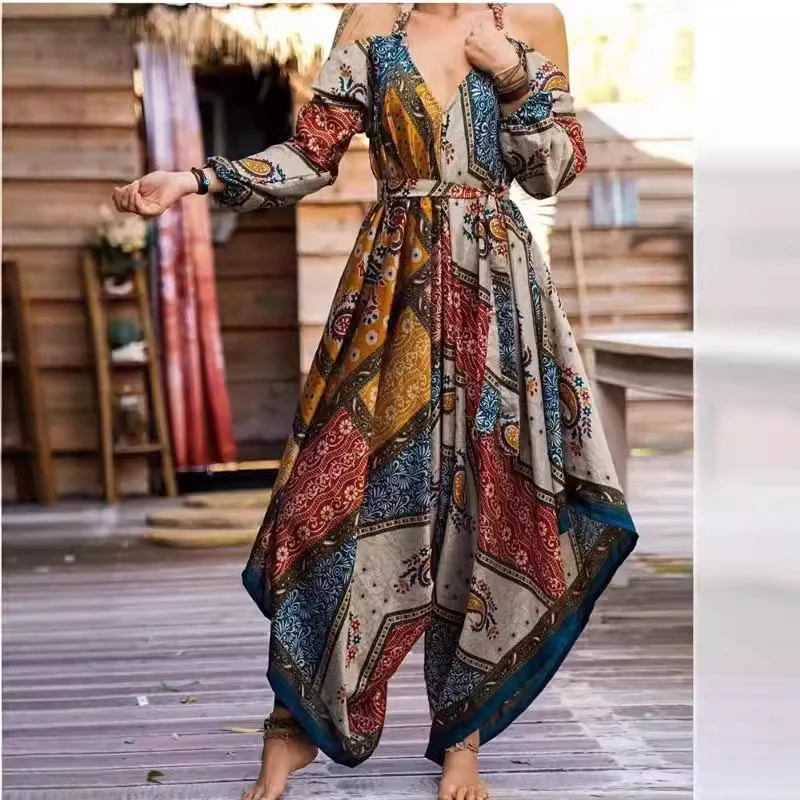 Damen Langes Wickelkleid mit verspieltem Muster und off-shoulder Design R&B - Image 3