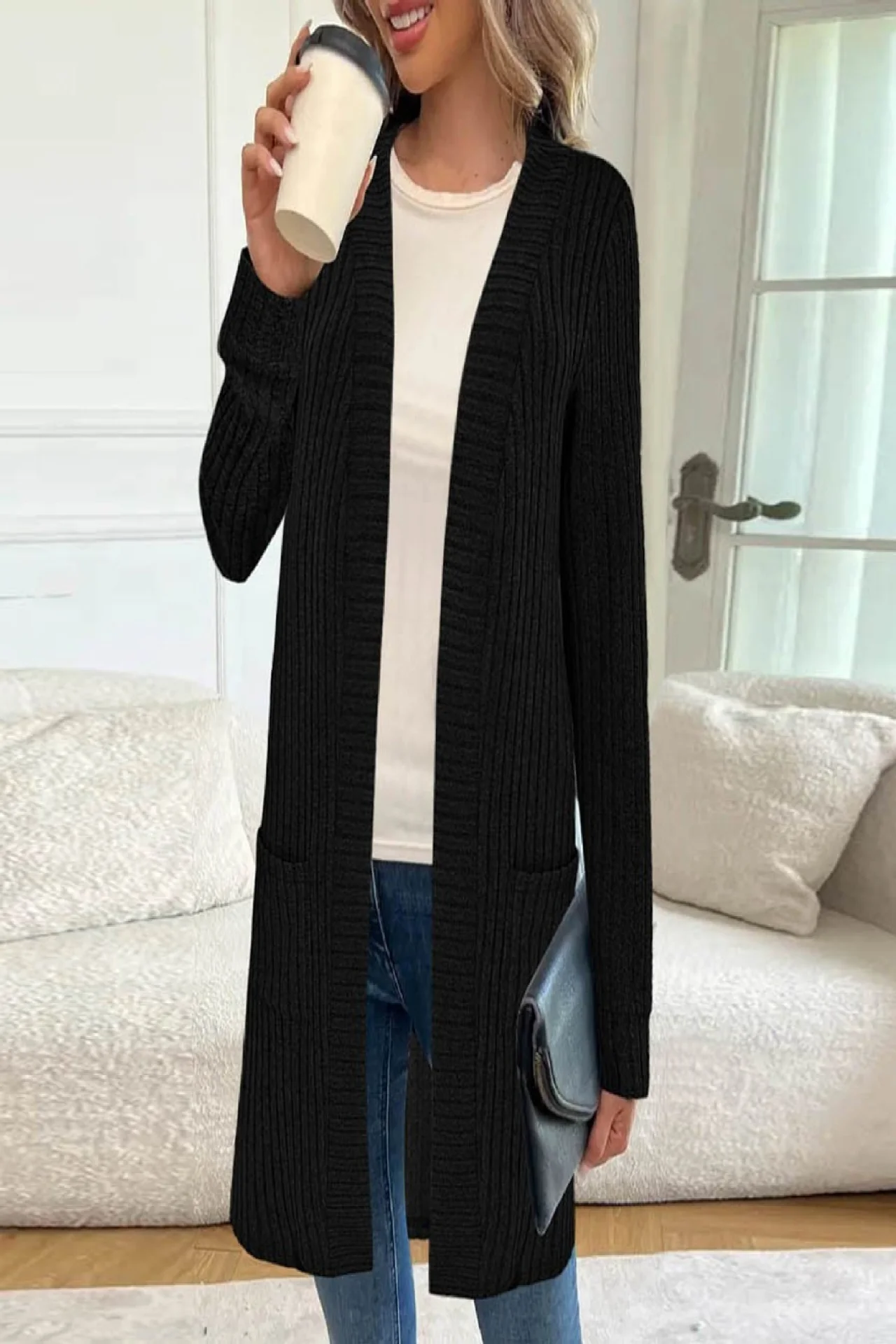 Damen Langstrickjacke mit seitlichen Taschen und strukturiertem Design R&B - Image 8