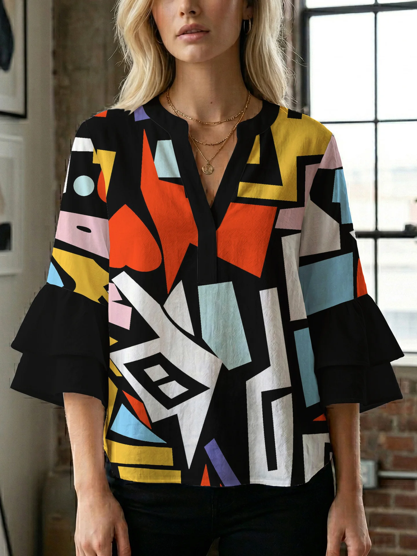 Damen lässige Bluse mit Volantärmeln und botanischem Druck R&B - Image 11