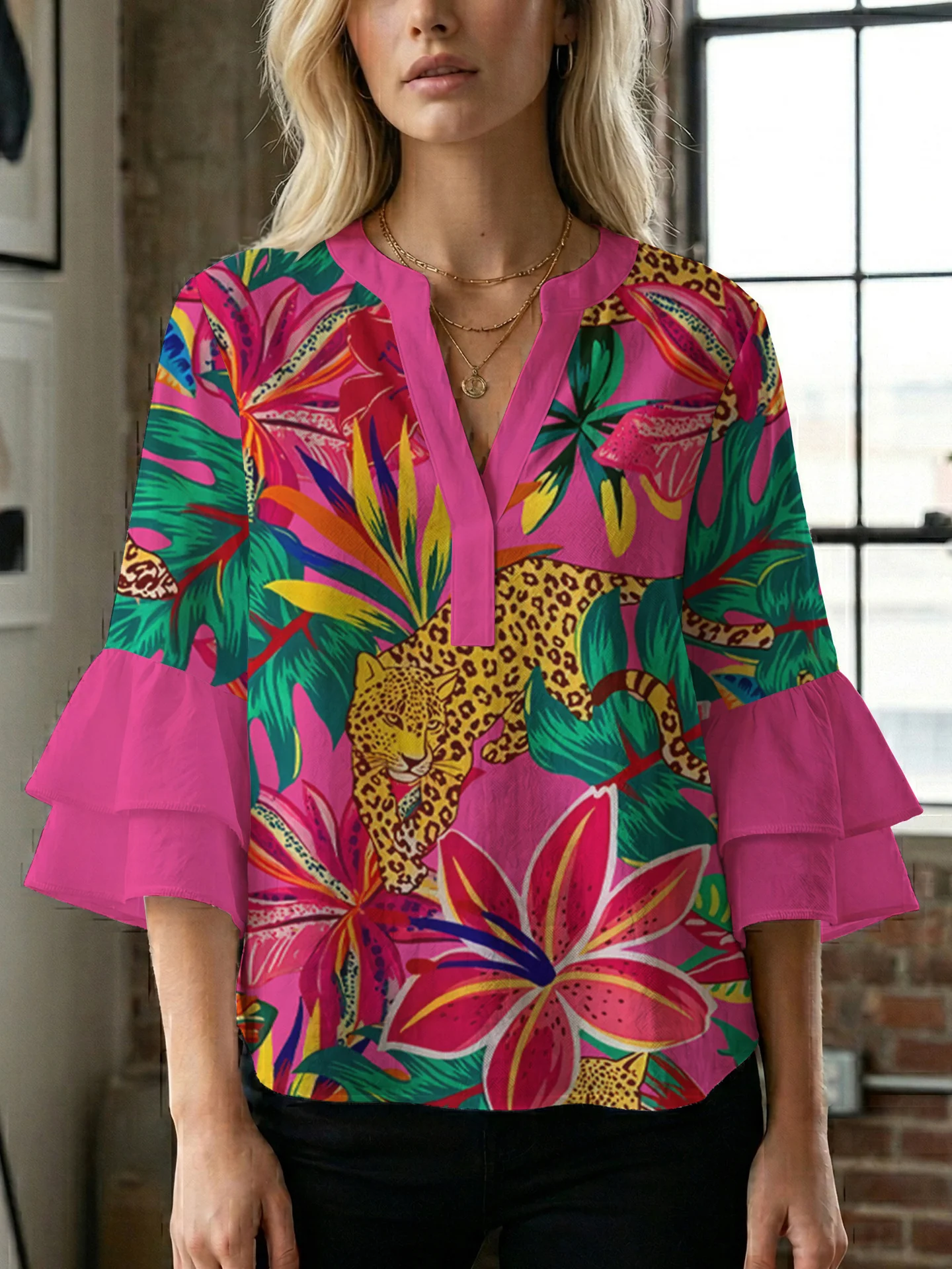 Damen lässige Bluse mit Volantärmeln und botanischem Druck R&B - Image 17