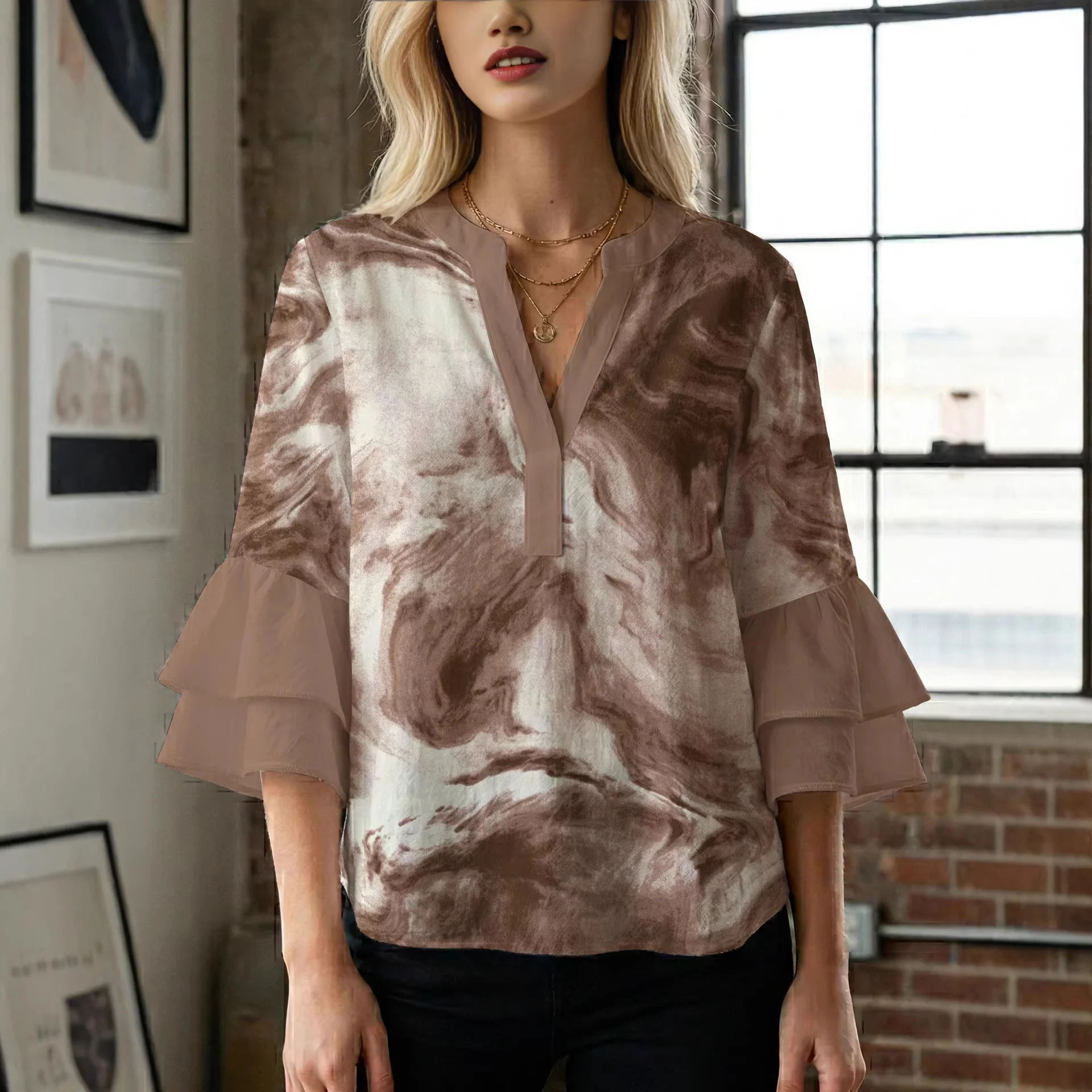 Damen lässige Bluse mit Volantärmeln und botanischem Druck R&B - Image 3
