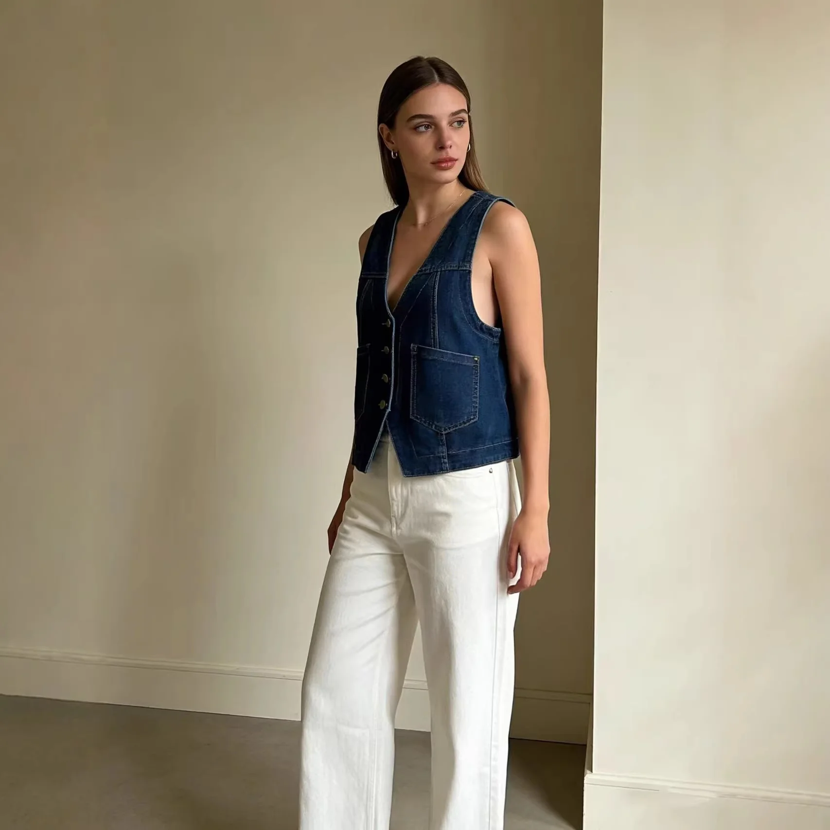 Damen lässige Denim-Weste mit Knopfdetails und aufgesetzten Taschen R&B - Image 3