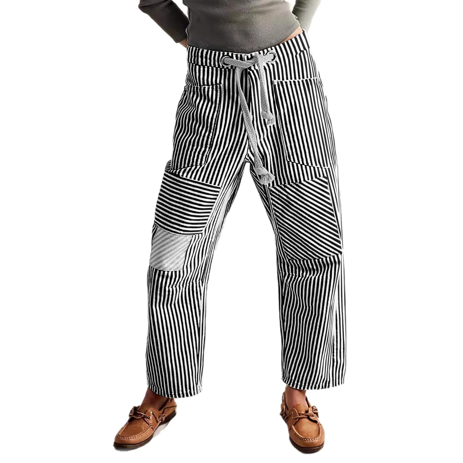 Damen gestreifte Weite Hosen mit verstellbarem Bund - Image 5