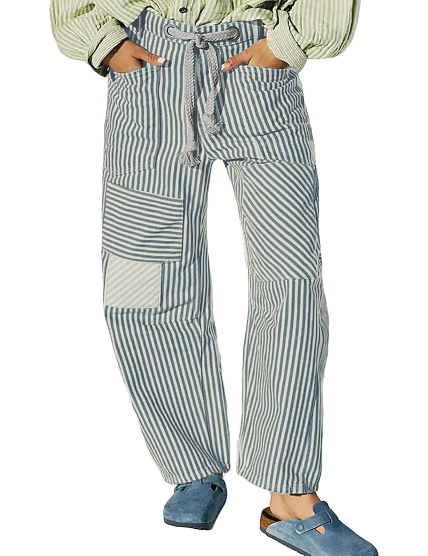 Damen gestreifte Weite Hosen mit verstellbarem Bund - Image 9