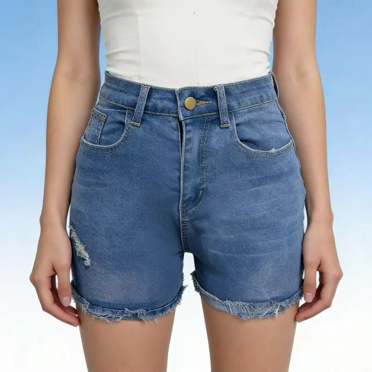 Damen lässige High-Waist Denim-Shorts mit Fransen und modischen Destroyed-Details R&B - Image 6