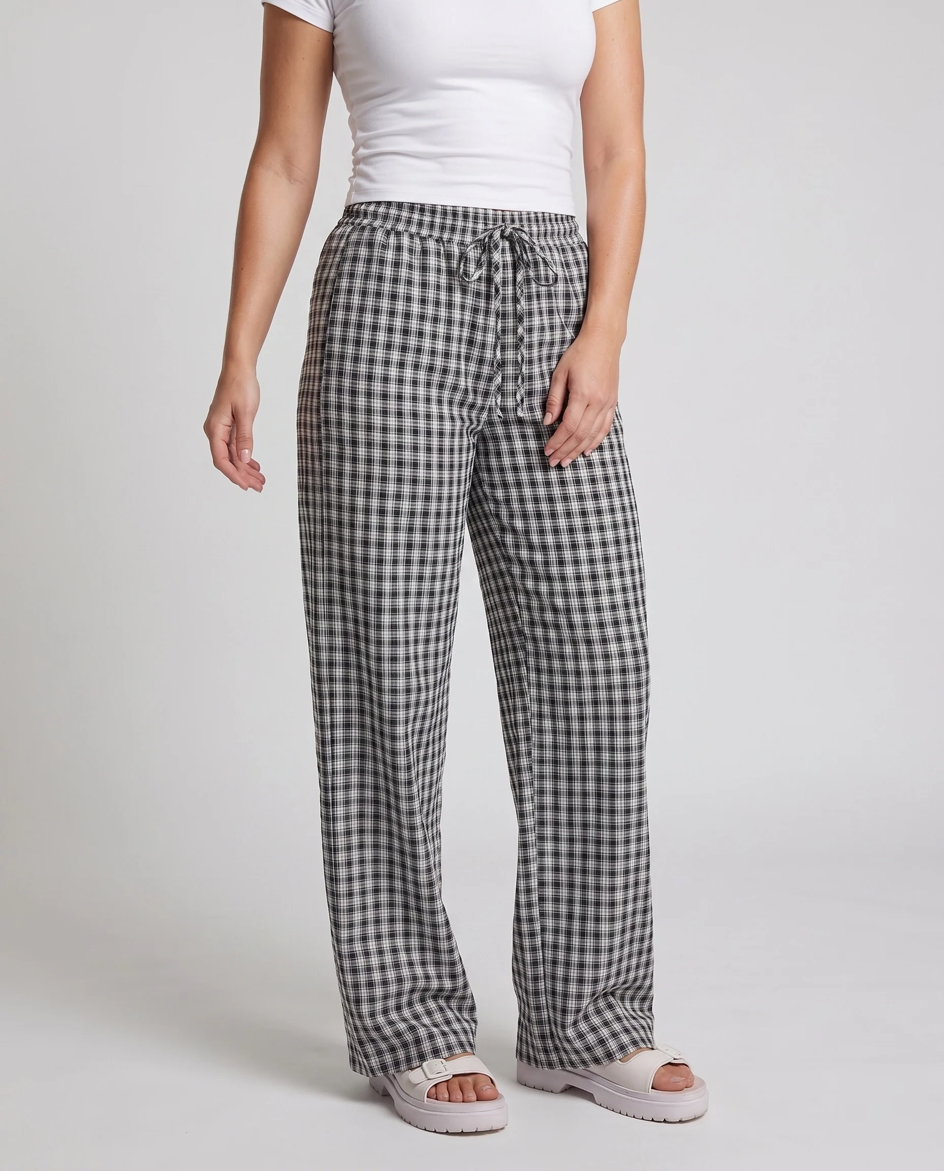 Damen lässige weite Karohose mit elastischem Bund und verstellbarem Kordelzug