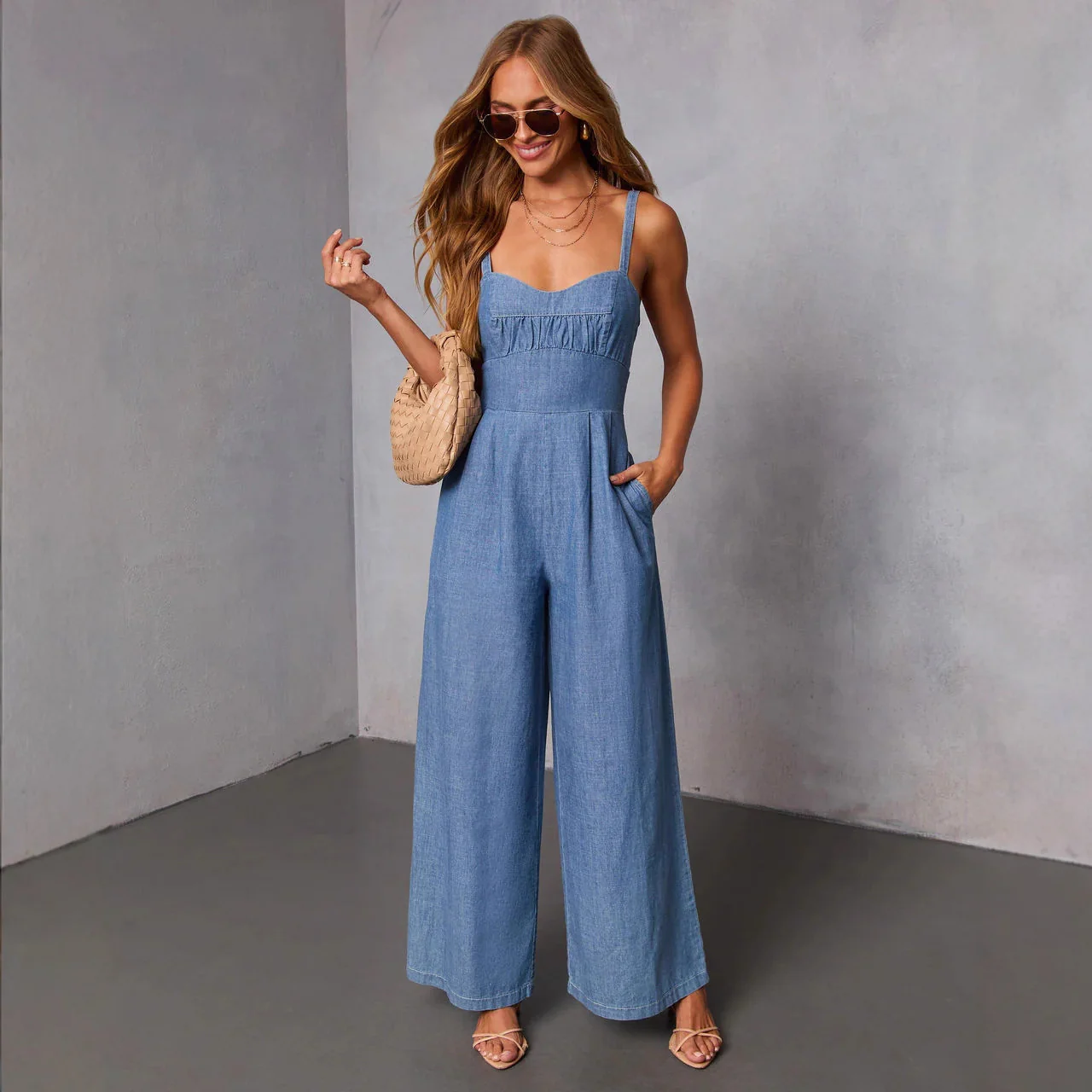 Damen lässiger Denim-Jumpsuit mit elegantem Bustier-Oberteil und weitem Bein R&B - Image 6