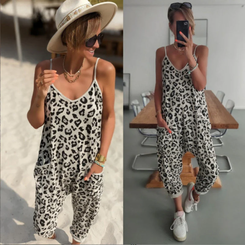 Damen lässiger Jumpsuit mit modischem Leopardenmuster und praktischen Taschen R&B