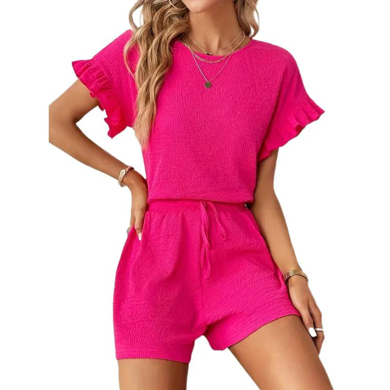 Damen lässiger Shortsanzug mit Rüschendetails und elastischem Taillenzug R&B - Image 5