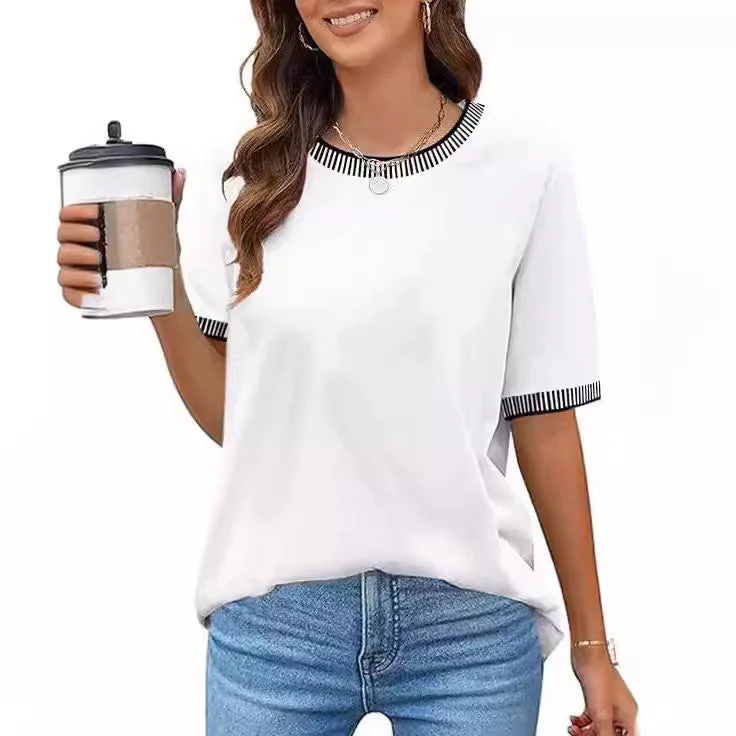 Damen Lässiges Kurzarm-Shirt mit Modischem Streifenkragen R&B