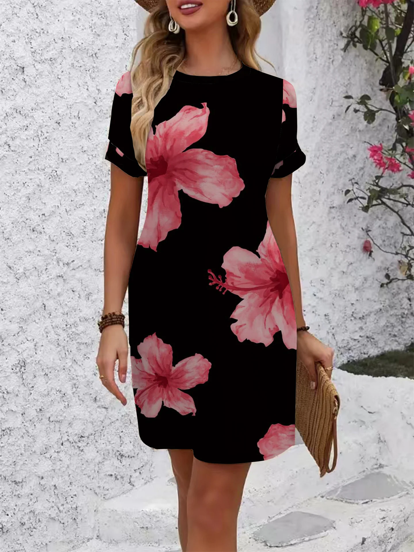 Damen lässiges Kurzarmkleid mit modernem Hahnentrittmuster und bequemer Passform R&B - Image 24