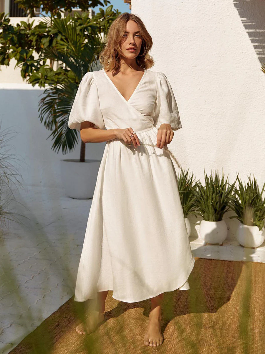 Damen Lässiges Leinenkleid mit Ballonärmeln und Tailliertem Gürtel R&B - Image 5