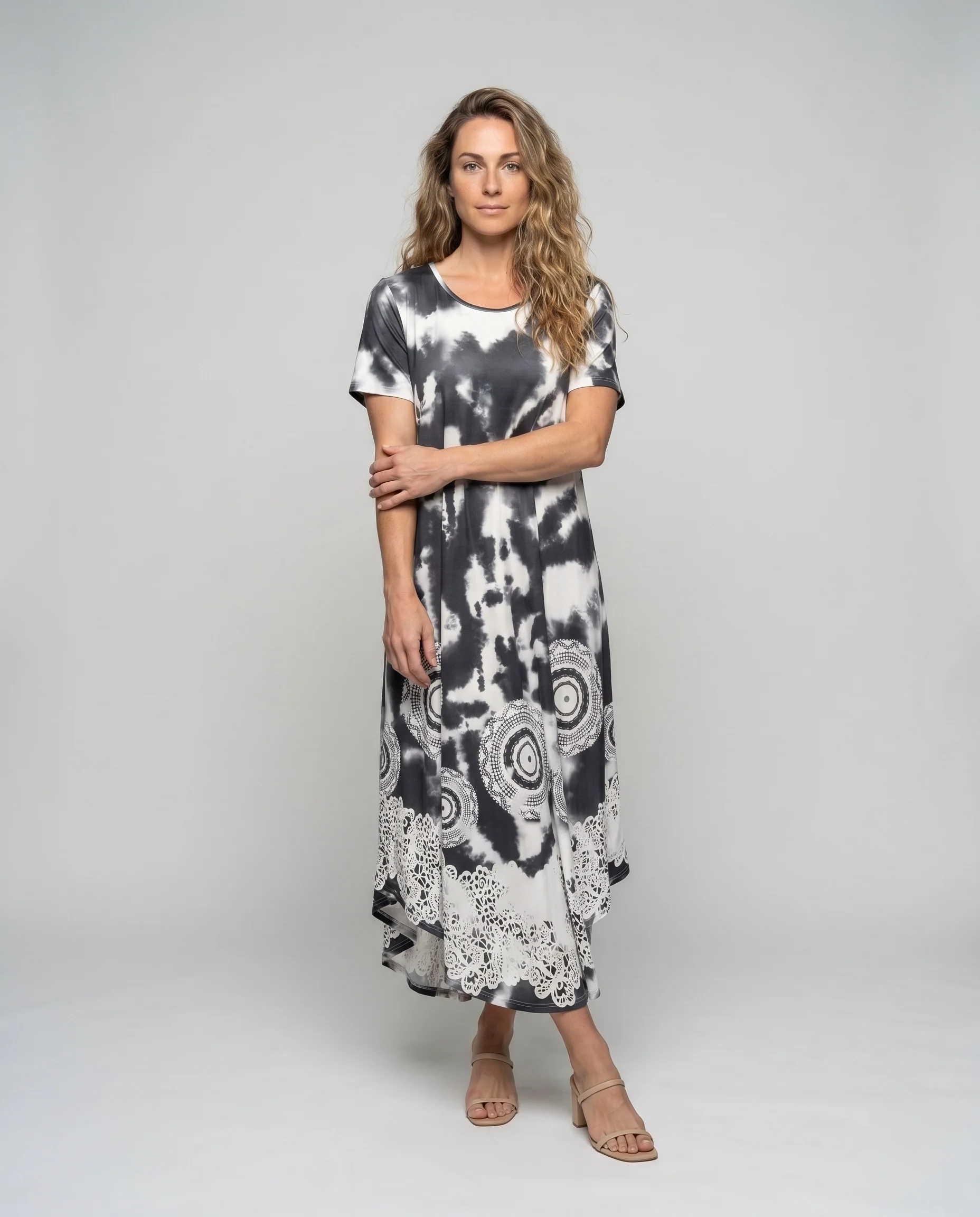 Damen Lässiges Maxikleid mit einzigartigem Batik-Design und romantischen Spitzenakzenten R&B