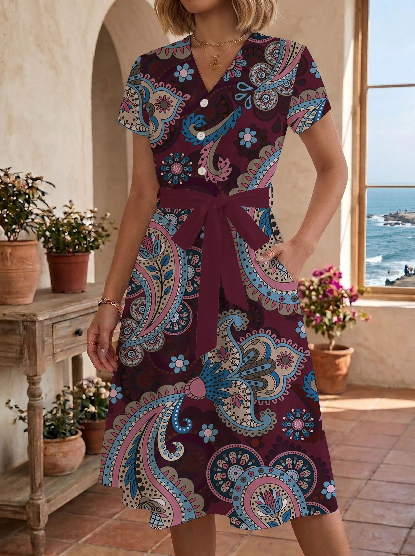 Damen lässiges Maxikleid mit taillierbarem Knoten und dekorativem Karomuster R&B - Image 16