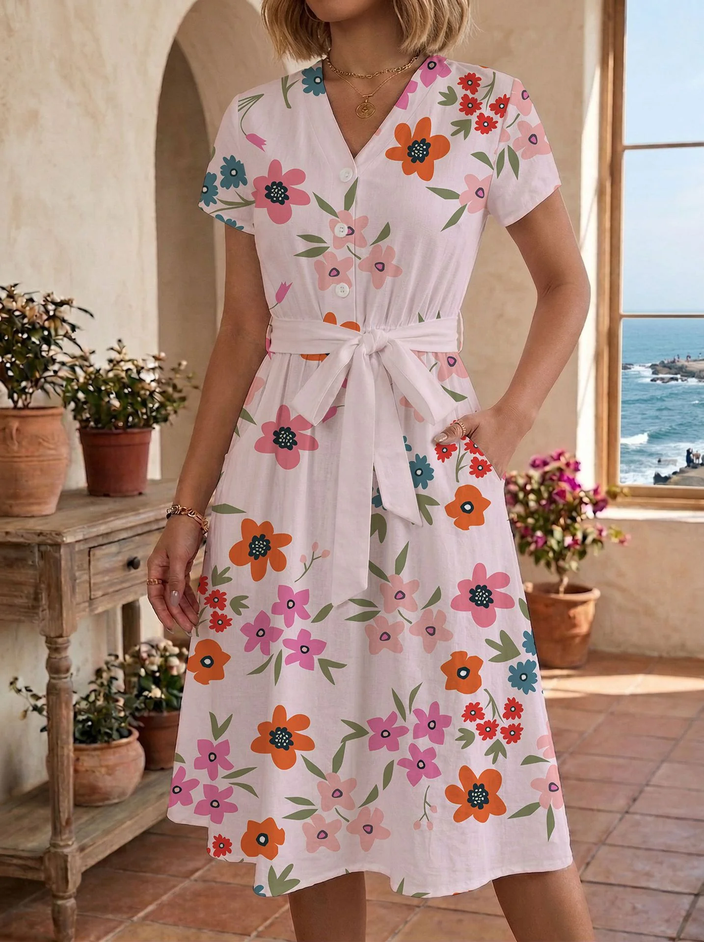 Damen lässiges Maxikleid mit taillierbarem Knoten und dekorativem Karomuster R&B - Image 20