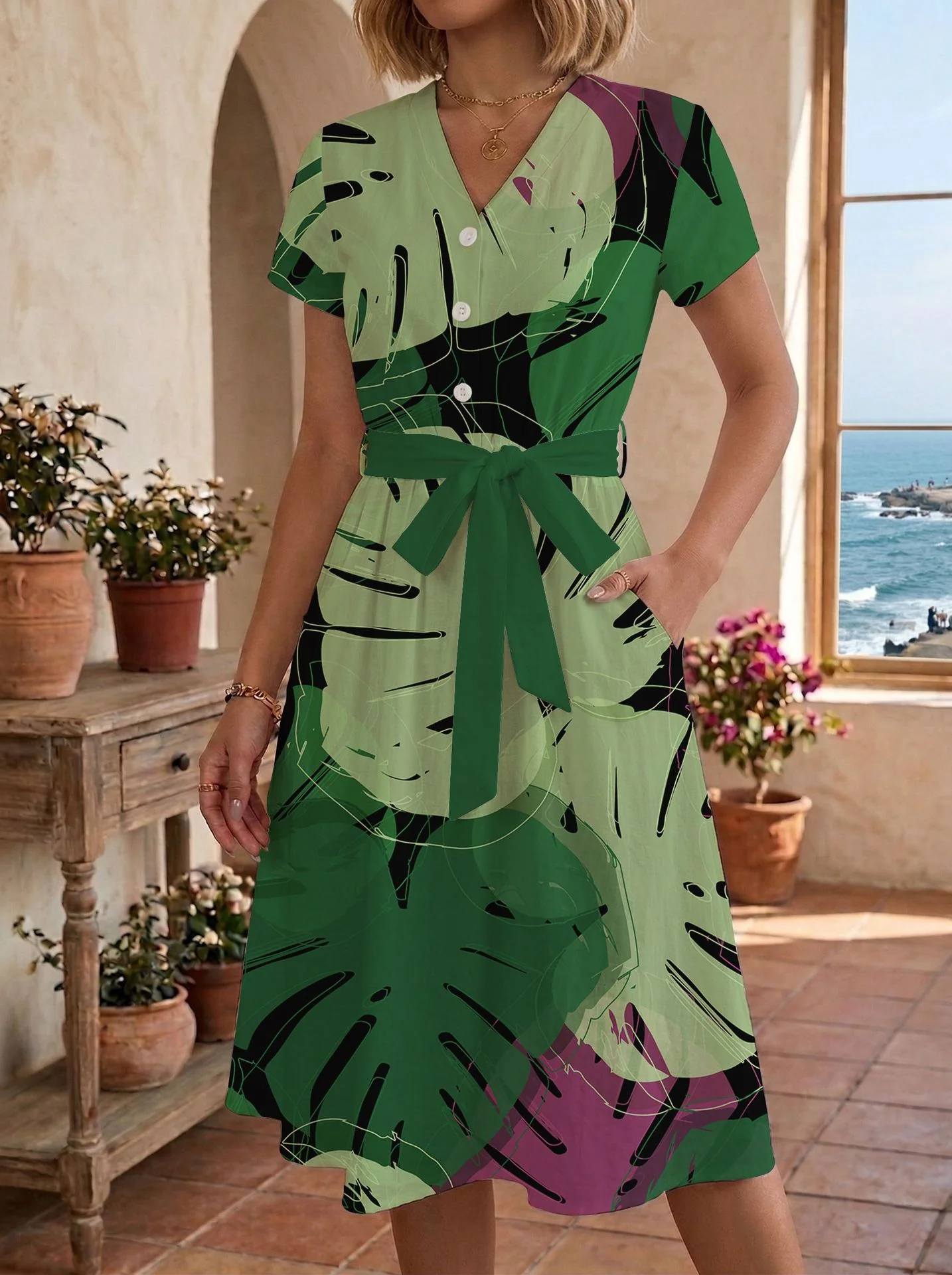 Damen lässiges Maxikleid mit taillierbarem Knoten und dekorativem Karomuster R&B - Image 29
