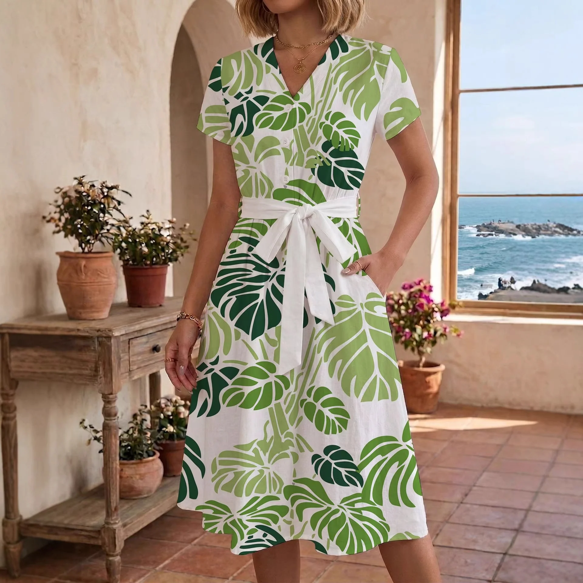 Damen lässiges Maxikleid mit taillierbarem Knoten und dekorativem Karomuster R&B - Image 4