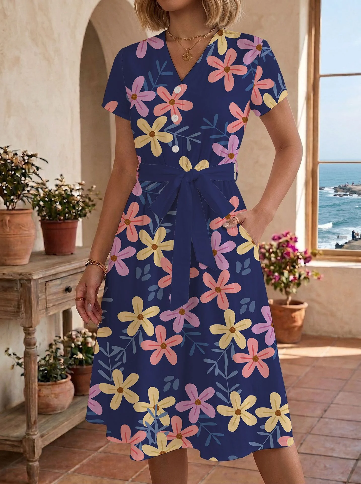 Damen lässiges Maxikleid mit taillierbarem Knoten und dekorativem Karomuster R&B - Image 8