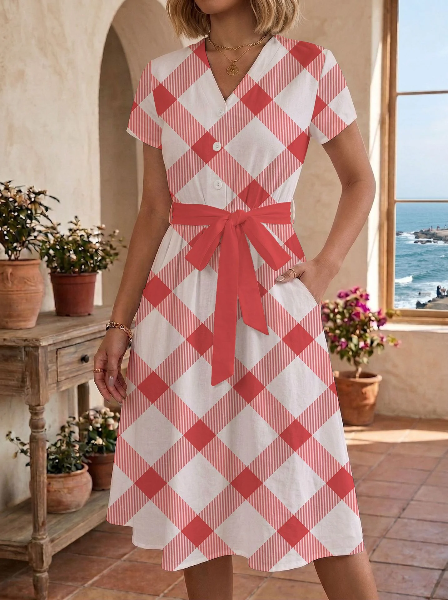 Damen lässiges Maxikleid mit taillierbarem Knoten und dekorativem Karomuster R&B - Image 9