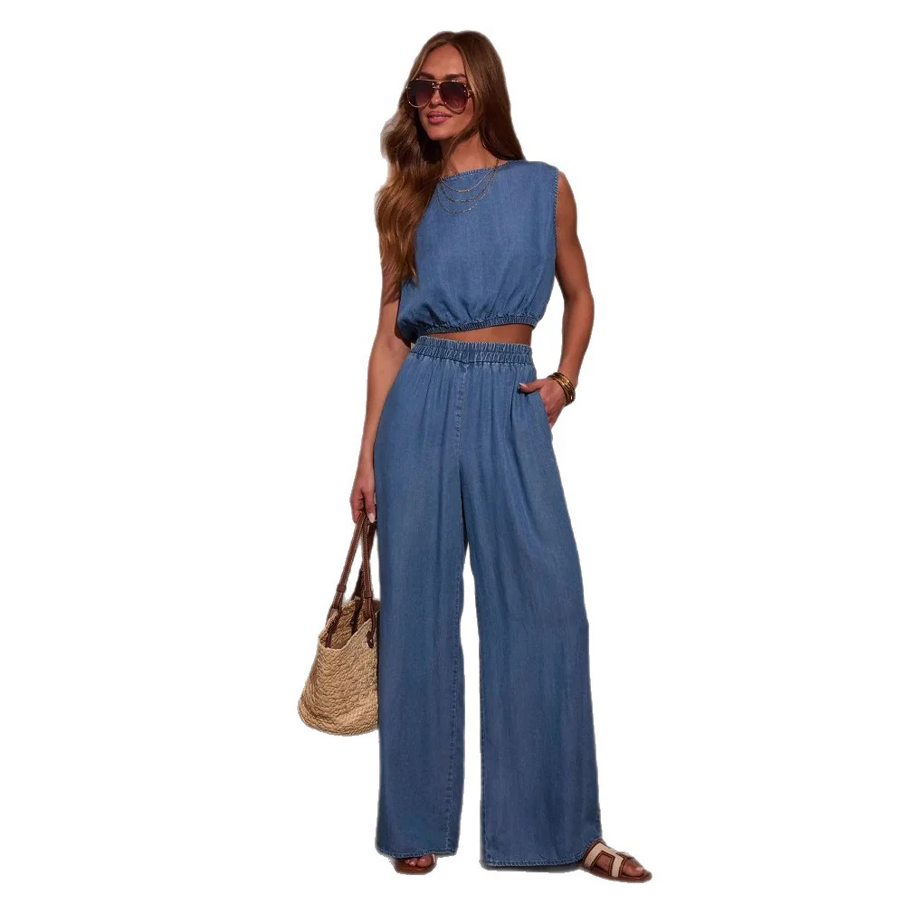 Damen Lässiges Oversized Jeans-Set mit geknotetem Oberteil und weiten Beinen R&B - Image 5