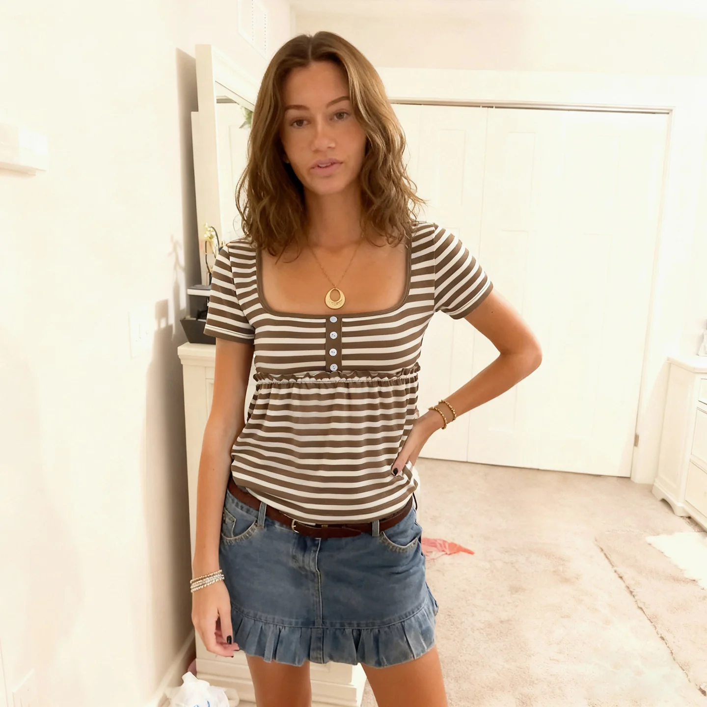 Damen lässiges Streifenoberteil mit Knopfleiste und elastischer Taille Heidi-Mode - Image 3