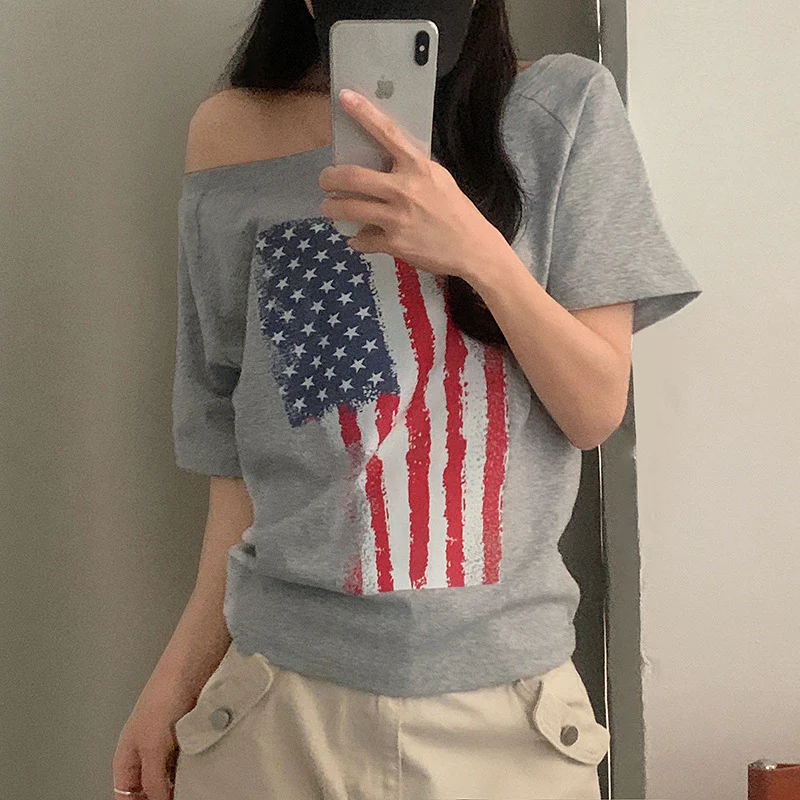 Damen lässiges T-Shirt mit amerikanischem Flaggen-Design und weichem Baumwollmaterial Heidi-Mode - Image 3