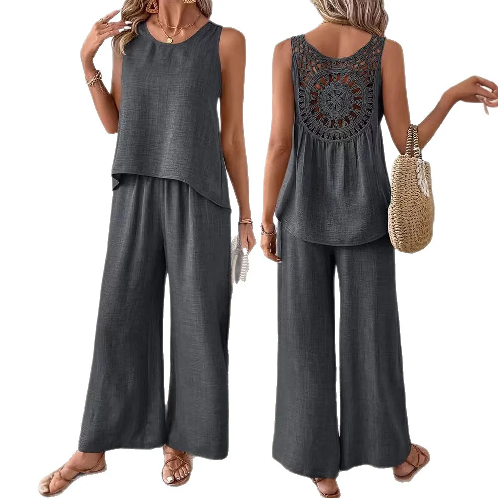 Damen Lässiges und luftiges Zweiteiliges Set mit Oberteil und weitem Hosen R&B - Image 2