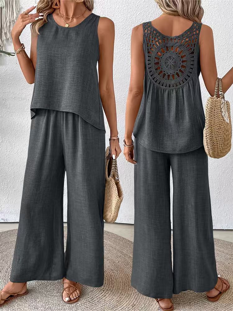 Damen Lässiges und luftiges Zweiteiliges Set mit Oberteil und weitem Hosen R&B - Image 4