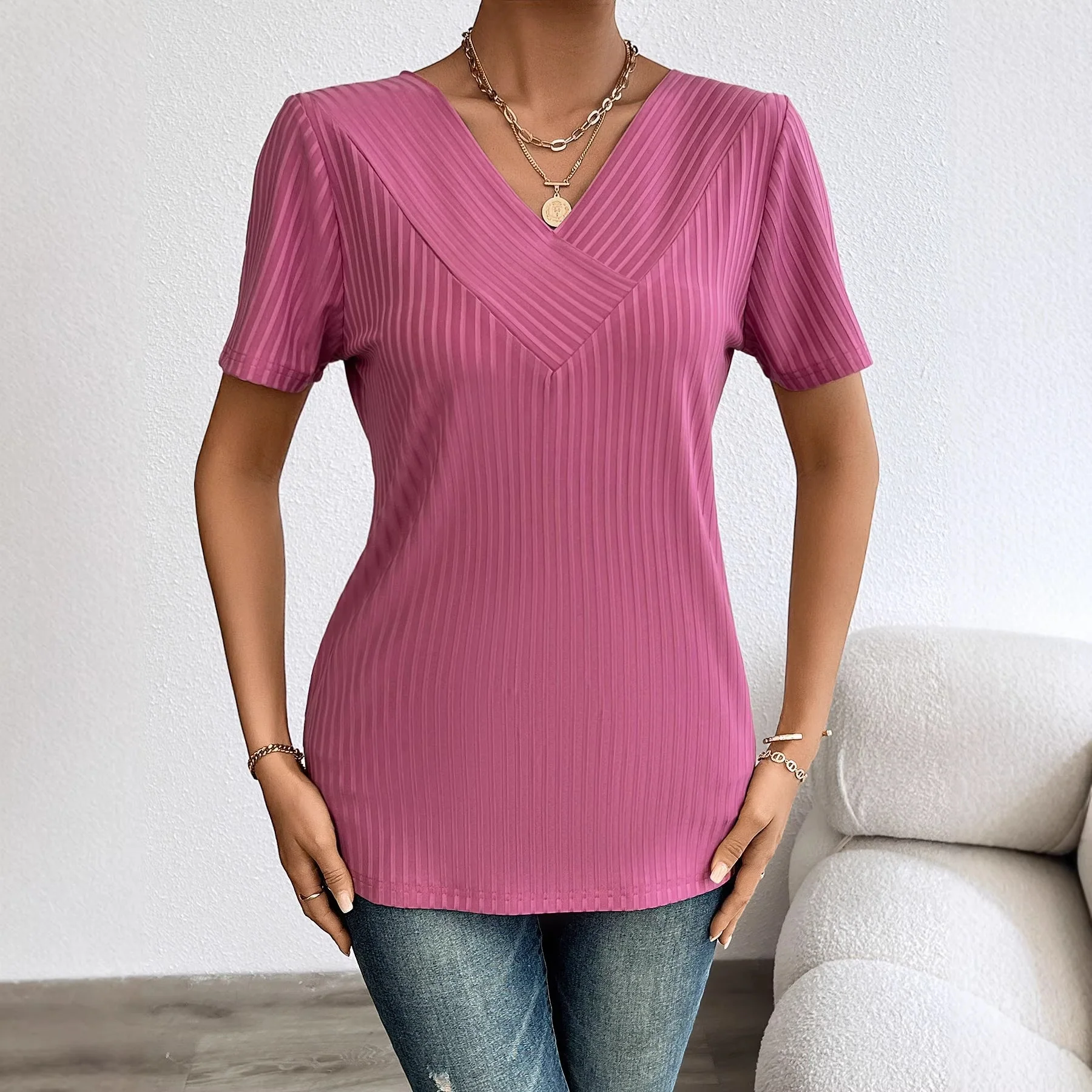 Damen lässiges V-Ausschnitt Shirt mit fließendem Design und kurzen Ärmeln R&B - Image 2