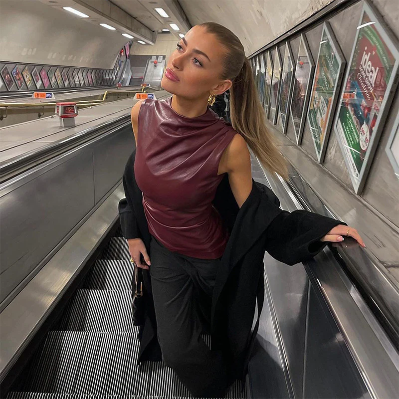 Damen Leger geschnittene Kunstlederbluse mit asymmetrischem Saum und elegantem Stehkragen R&B - Image 4