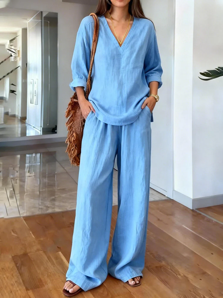 Damen Leichte Sommerhose mit weitem Schnitt und V-Ausschnitt Shirt R&B - Image 8