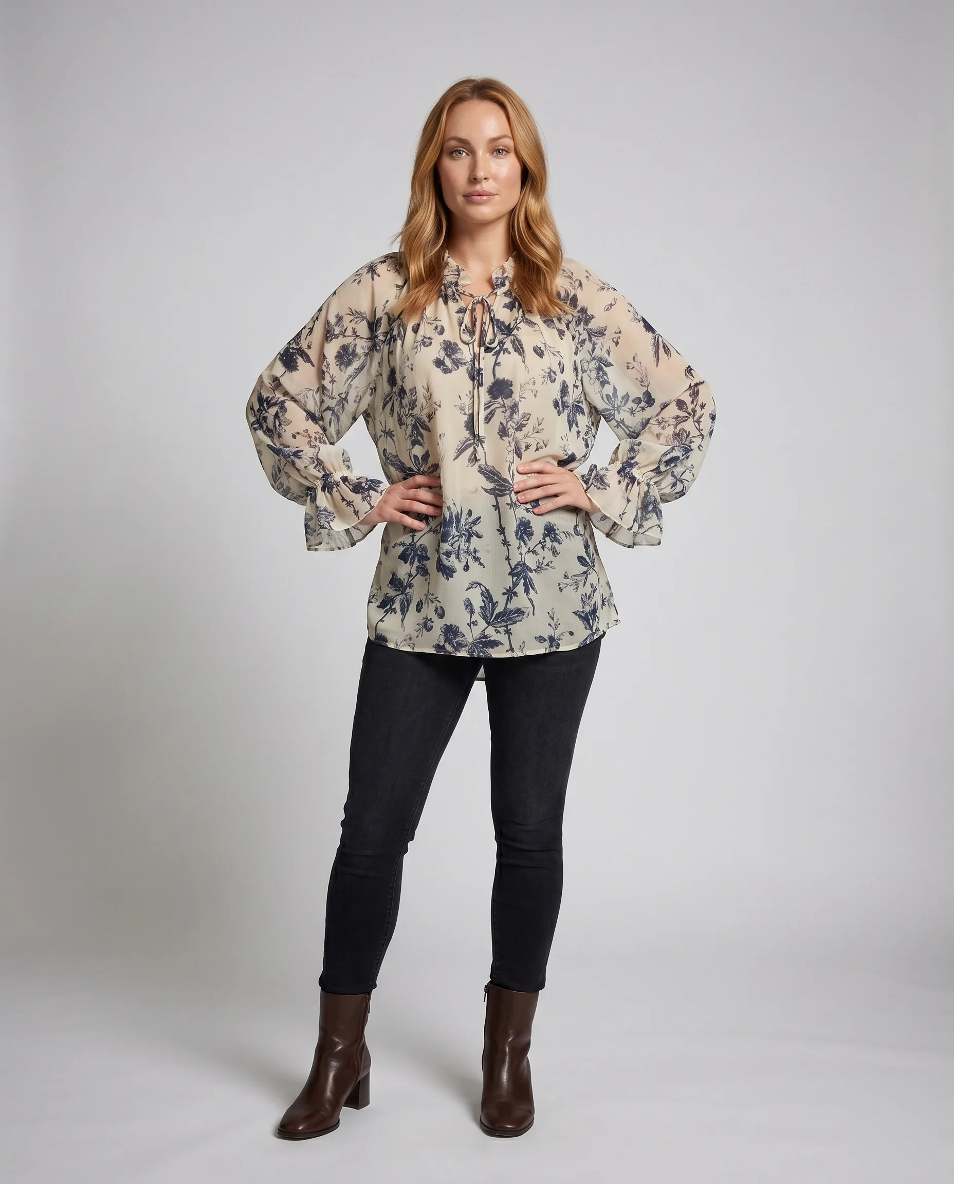 Damen Leichtes Floral-Oberteil mit voluminösen Ärmeln und Rüschendetails R&B