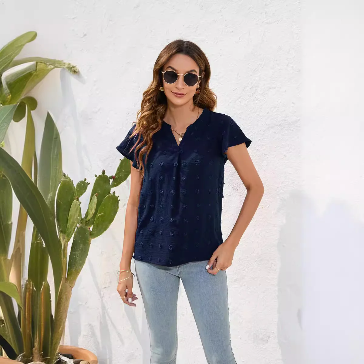 Damen Leichtes Kurzarmblusenshirt mit strukturiertem Material und eleganten Details R&B - Image 4