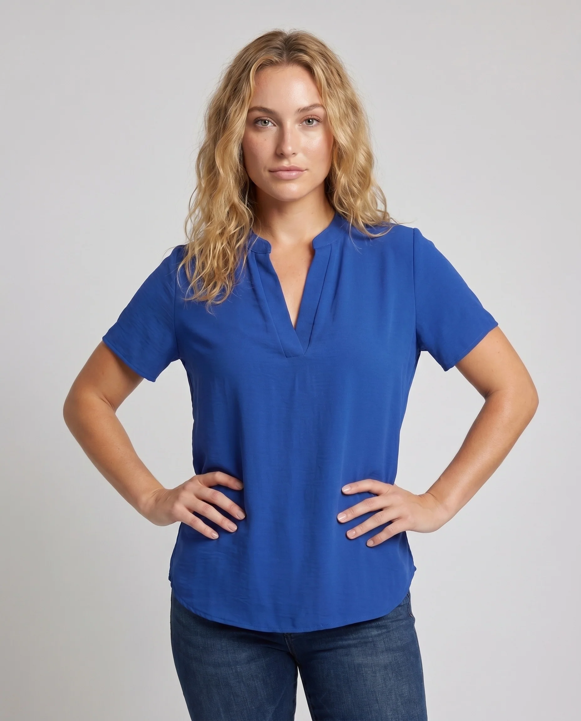 Damen lockere Blusentop mit V-Ausschnitt und Kurzarm R&B - Image 2