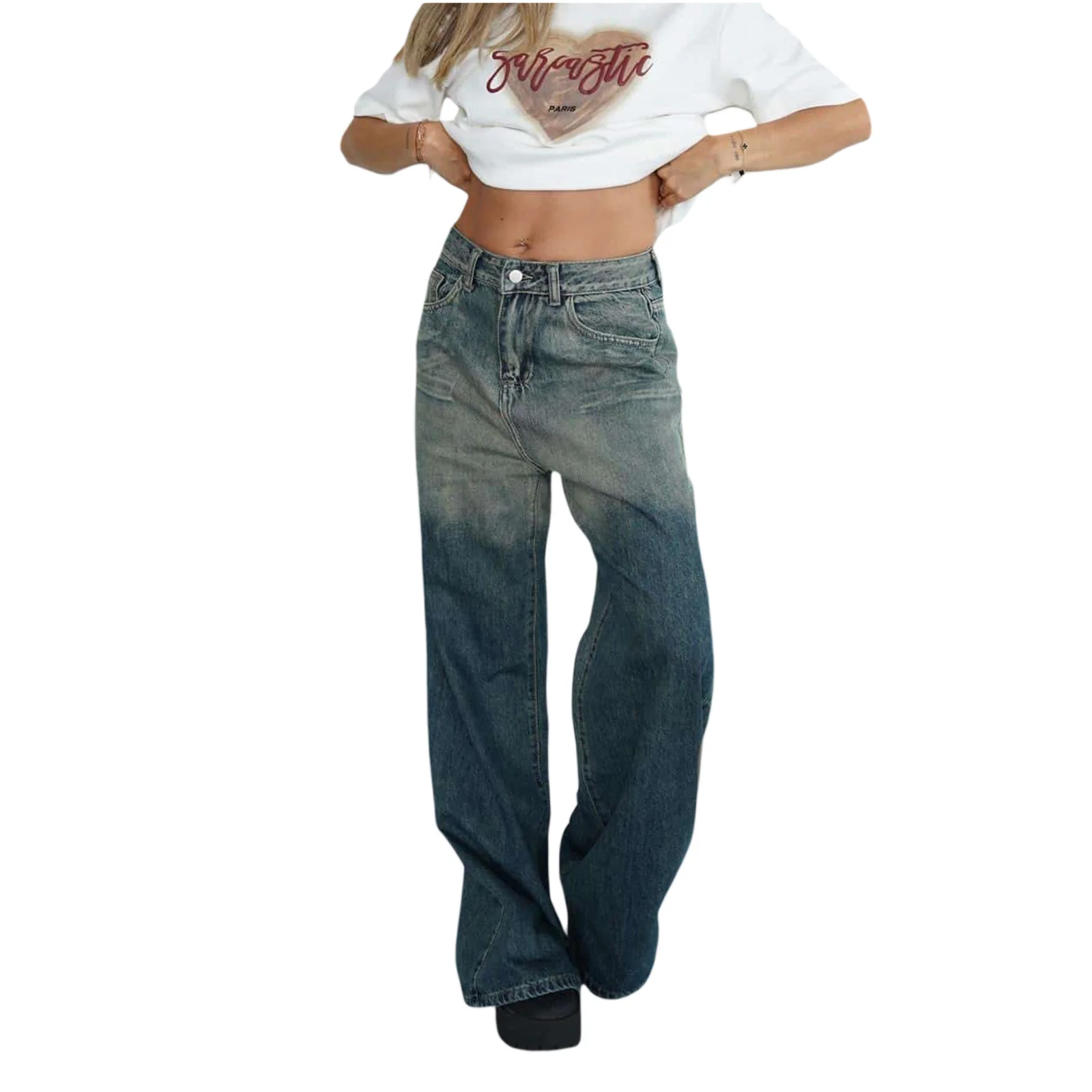 Damen lockere High-Waist Jeans mit angesagtem Farbverlauf und weitem Bein R&B - Image 6