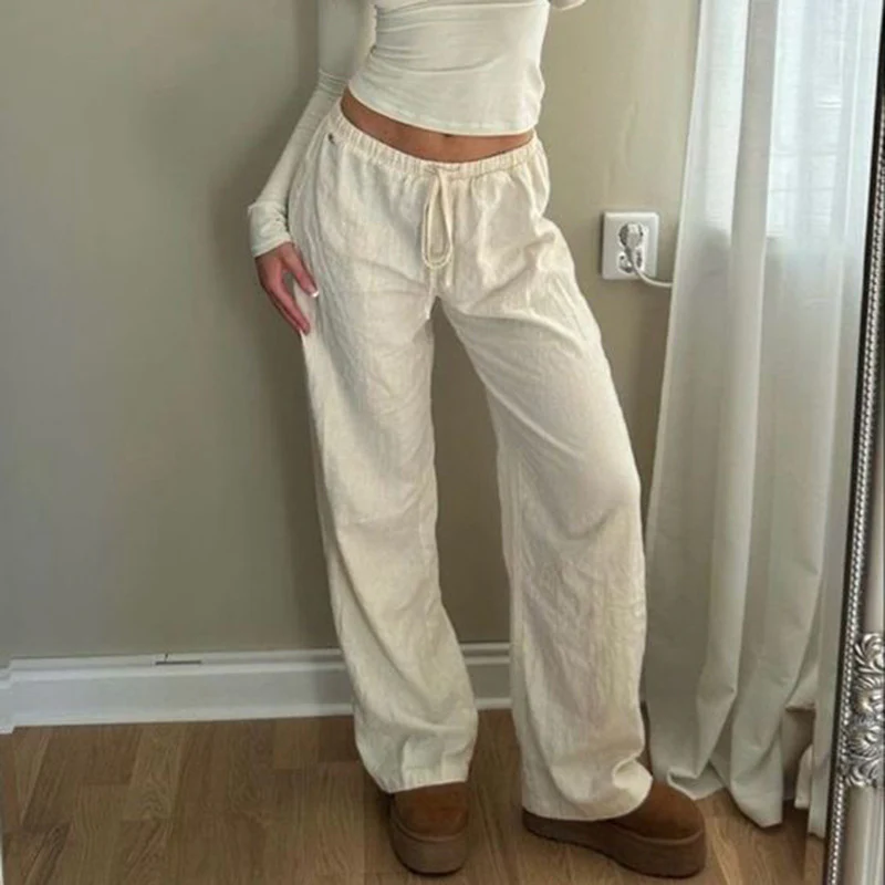Damen lockere Leinenhose mit elastischem Bund und seitlichen Eingrifftaschen Heidi-Mode