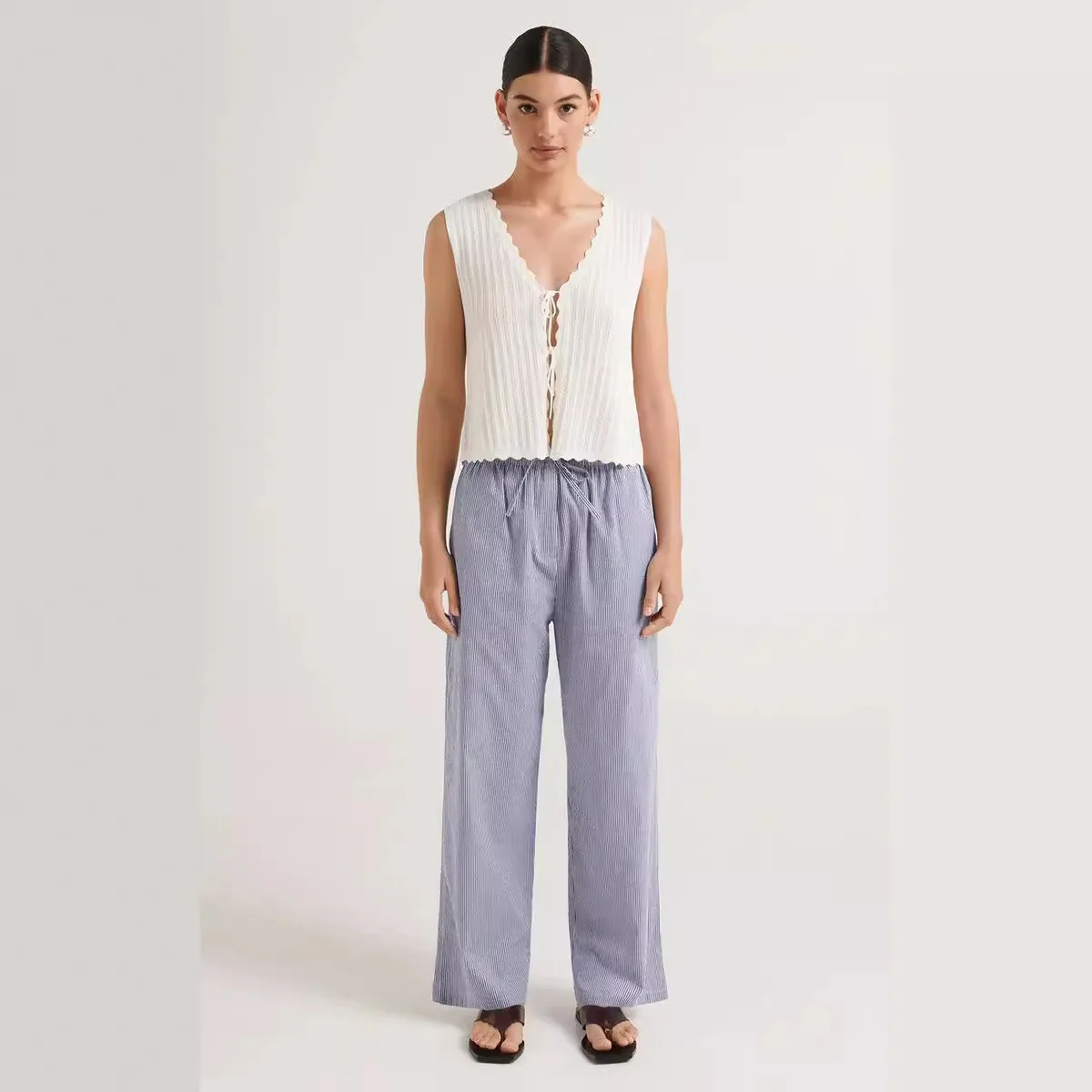 Damen lässige bequeme Schlafhose aus leichtem Baumwollstoff mit eleganten Streifen R&B - Image 2