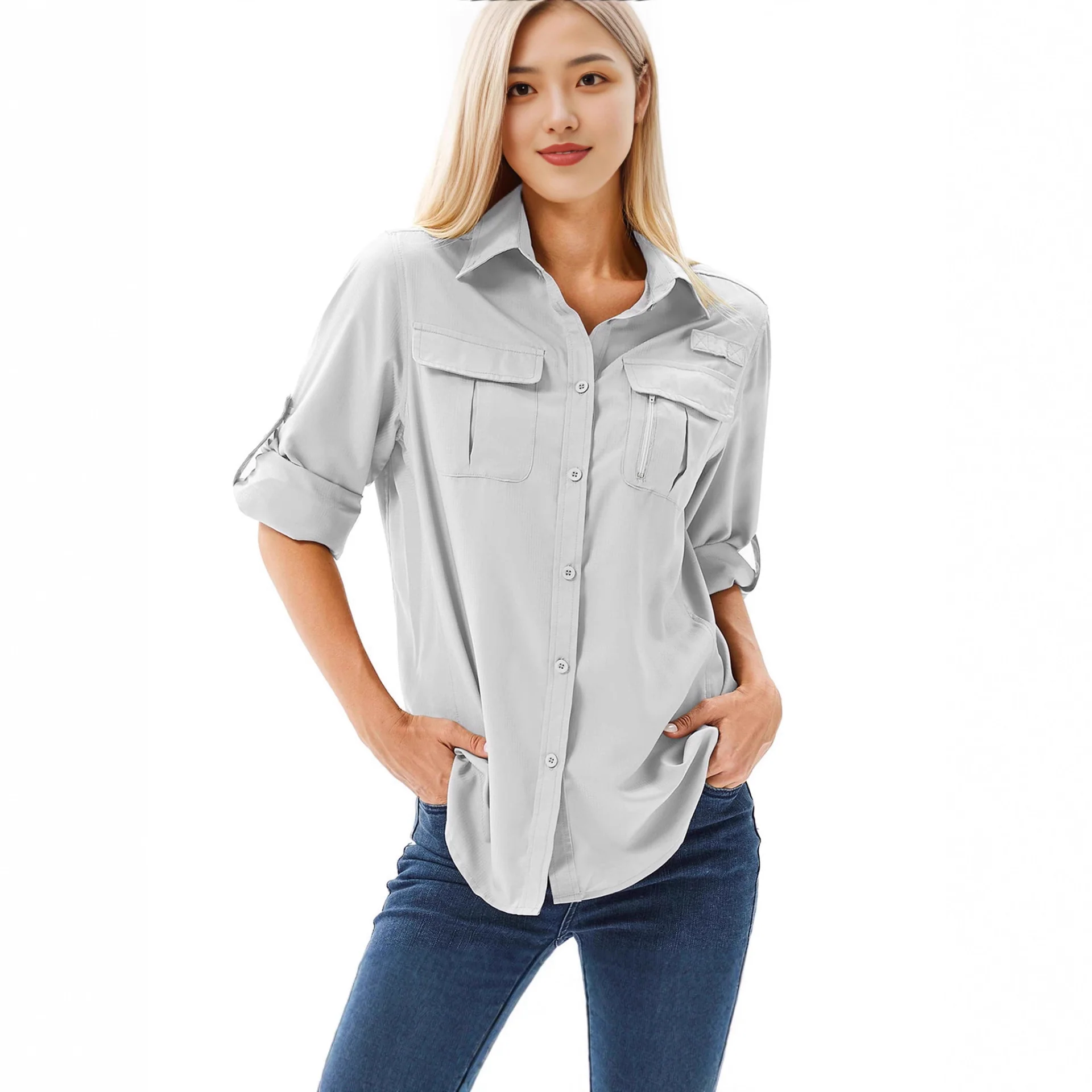 Damen lässige Bluse mit praktischen Taschen und umschlagbaren Ärmeln R&B - Image 2